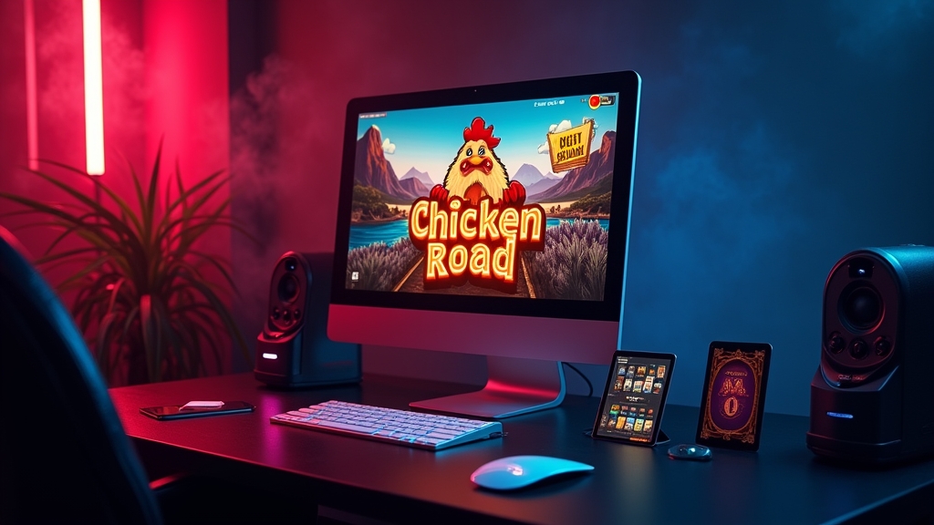 Glowing bonus code beside a free-play chicken road game screen in a dark casino setting.