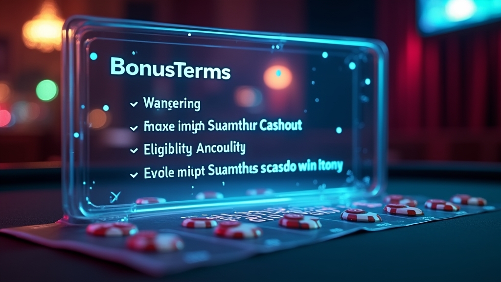 Bonus terms displayed over a casino table with wagering and expiry icons.