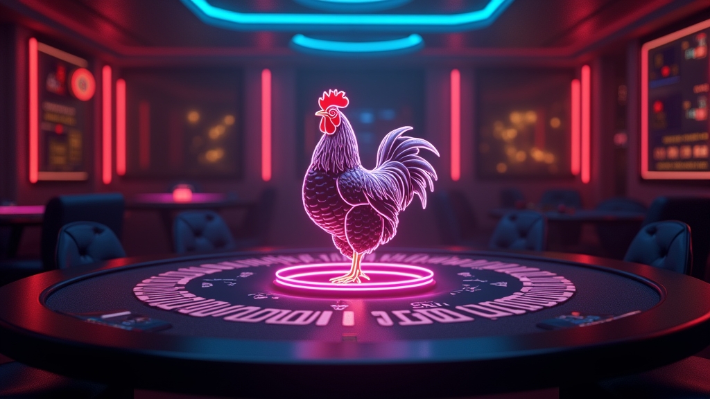Neon chicken game interface showing pacing and timing in a dark casino room