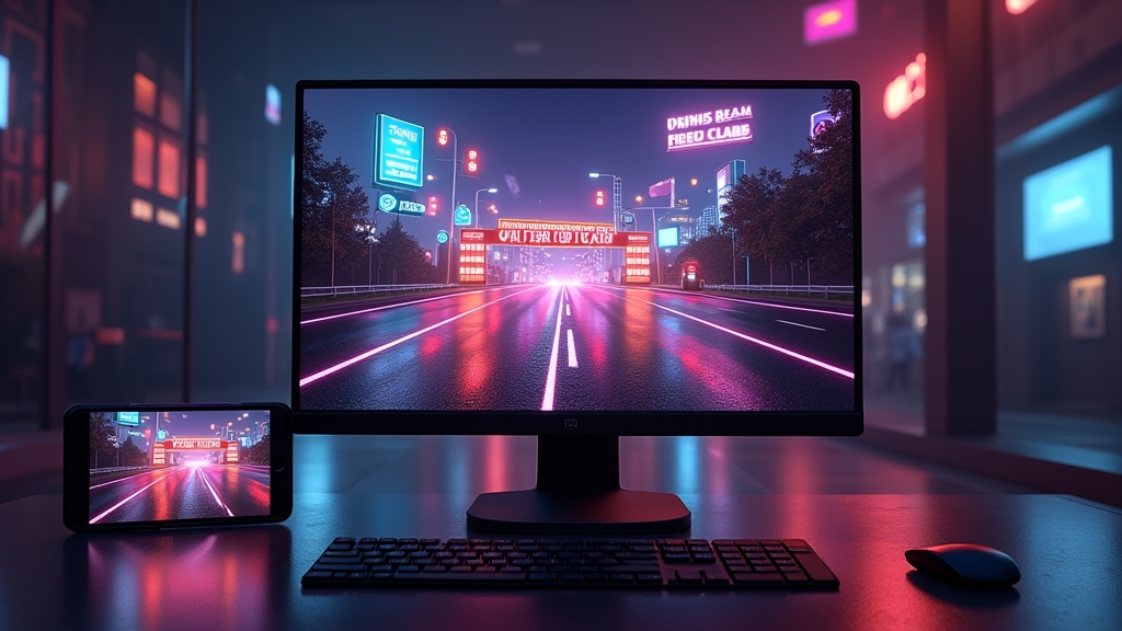 Desktop monitor and smartphone showing the chicken demo game in a dark casino setting