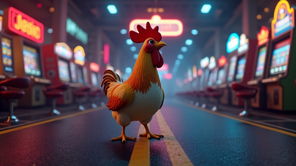 Stylized chicken at a neon road crossing in a dark casino arcade