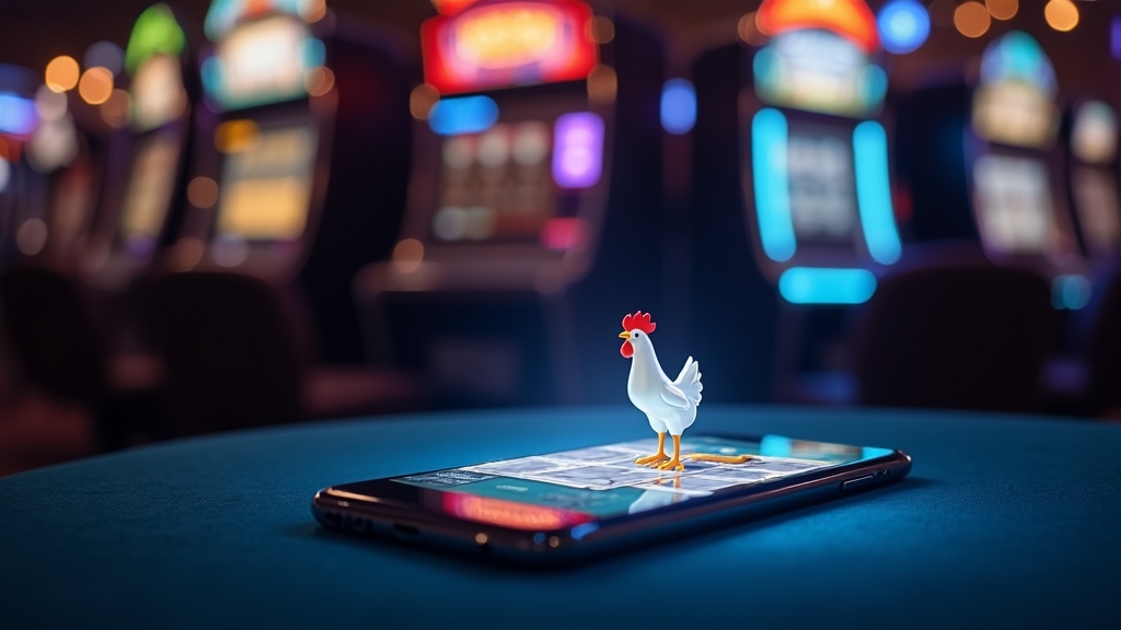Smartphone showing Chicken Road gameplay in a dark casino setting