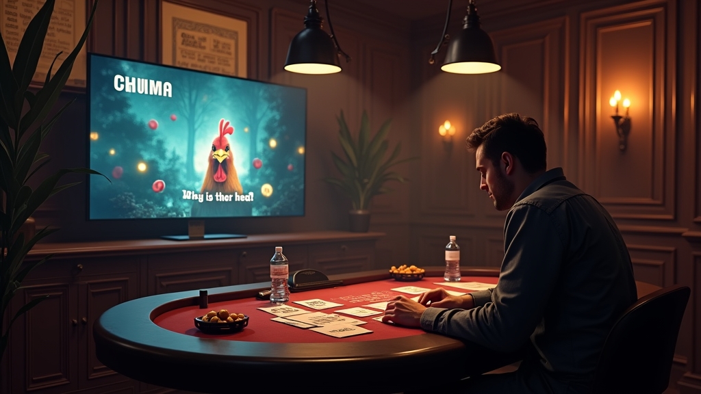 Player reviewing notes beside a glowing chicken demo screen in a dark casino setting