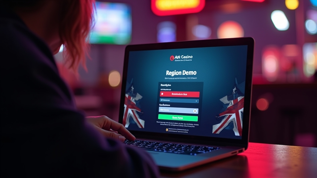 UK player viewing a regional demo login page on a laptop in a dark casino setting