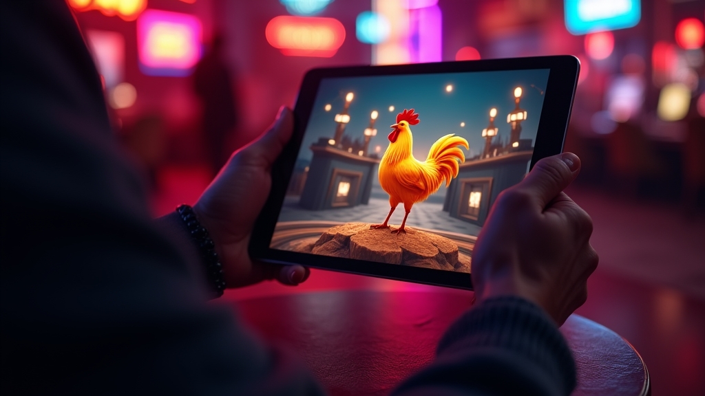 Player viewing the chicken demo game on a tablet in a dim casino lounge